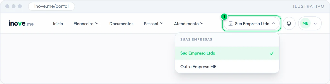 Topo do portal com o seletor de empresa aberto