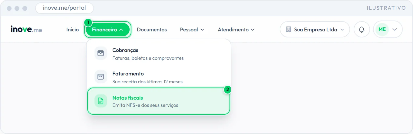 Menu Financeiro aberto com o item Notas fiscais