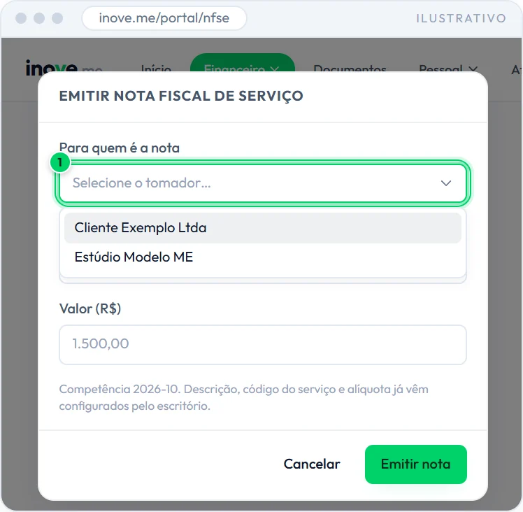 Janela de emissão com a lista de tomadores aberta