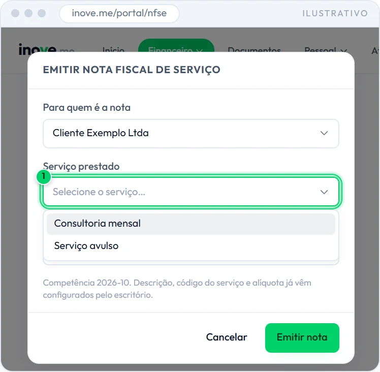 Janela de emissão com a lista de serviços aberta