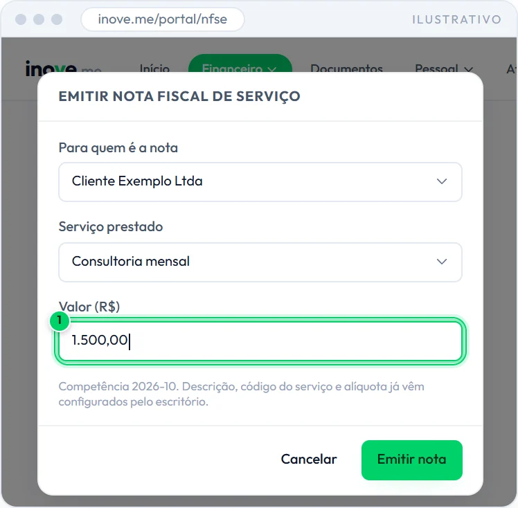 Janela de emissão com o valor 1.500,00 digitado